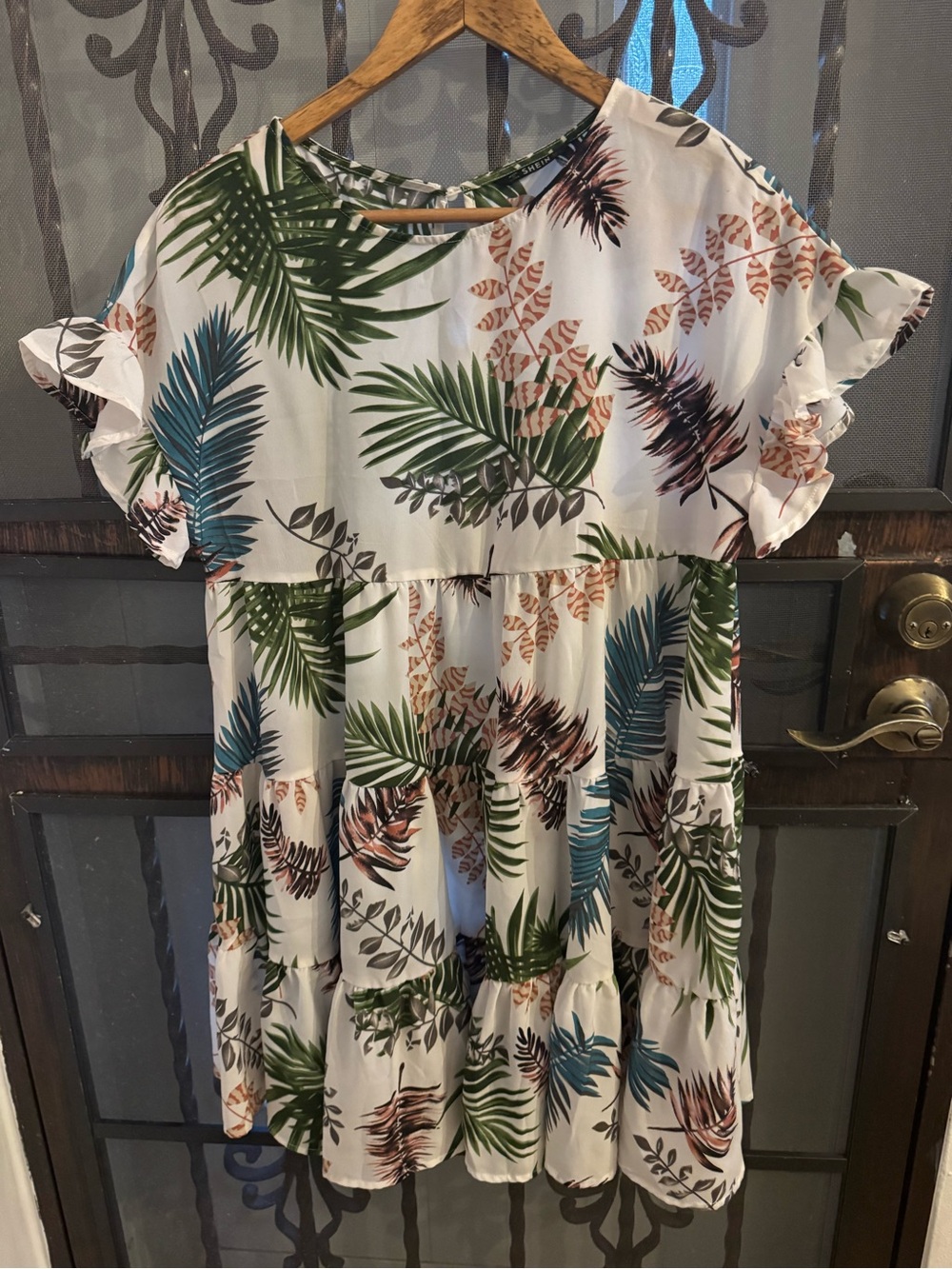SHEIN Cream Dress with Green and Teal Leaf Print